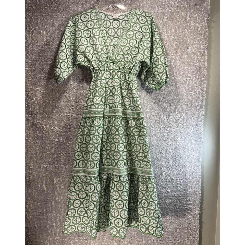 Shoshanna Midi Tiered Eyelet Green Smoked Dolman Sleeve Dress Preppy Coastal 2